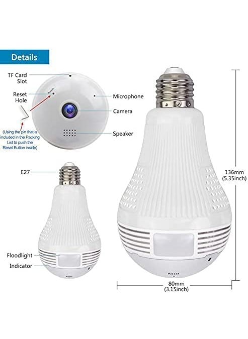 STELO 1080p Full HD Fisheye 360 Degree Smart WiFi Wireless Light Bulb Security Camera Panoramic Security Bulb Camera