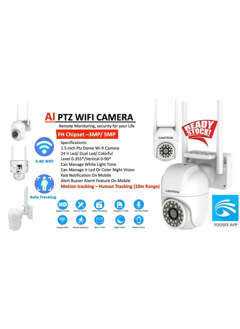CAMTRON WiFi Smart Outdoor 360 PTZ Camera with Live Monitoring TwoWay Audio Motion Detection SD Card Recording FullColor Night Vision IP66 All Weather Proof PTZ
