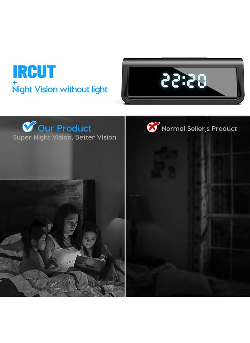 TECHNOVIEW WiFi Camera Digital Table Clock HD 4k Video and Audio Recording Low Light Night Vision Motion Detection Wide Angle Indoor Security Camera Support Upto 128GB Sd Card Black