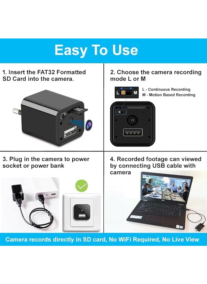 SIFA TECH 1080P HD Hidden USB Charger Camera Type 32GB SD Support Loop MotionTriggered RecordingOption Deal for Home Office Monitoring NonWiFi