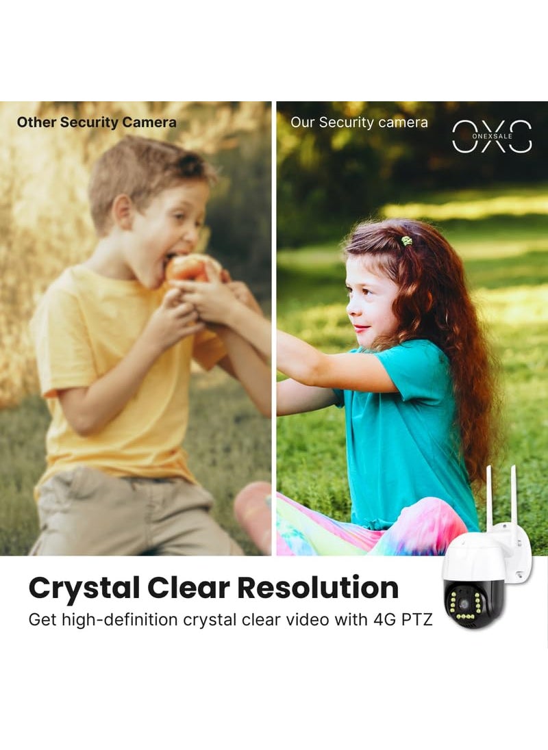 OneXsale 3Mp HD 4G SIM Based Pan Tilt Ptz CCTV Camera Outdoor Indoor Security Camera Water Proof 2 Way Talk Motion Detect Supports SD Card Up to 128GB Color Night Vision Security Camera