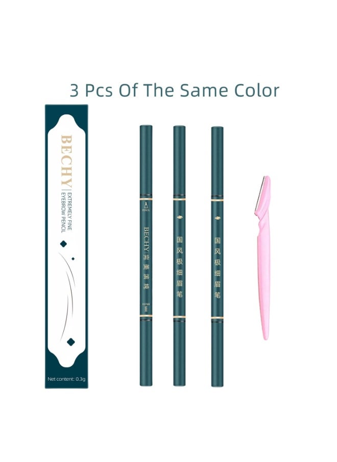 3 Pack of Waterproof Eyebrow Pencil,Professional Makeup Micro Brow Pencil,Brow Kit with Eyebrow Brush and Razor,Ultra-Fine Mechanical Pencil (Black)