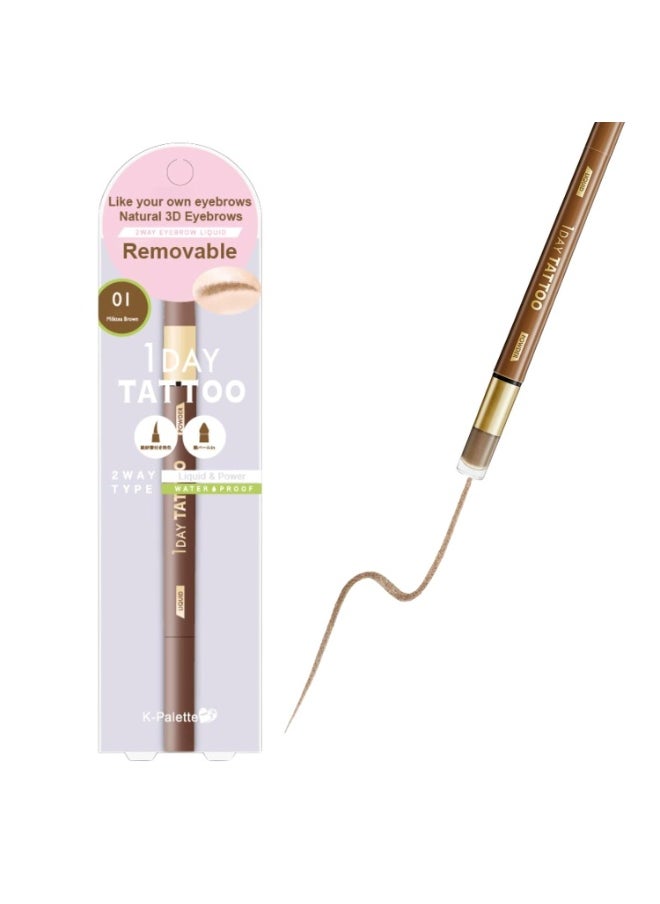 1Day Tattoo Waterproof Eyebrow Pen, Longwear Brow for Sculpting & Shaping, Fills & Contours Brows, Removable, Natural-Looking Eyebrow Makeup, Smudge-Proof Eyebrow Color, 01 Milktea Brown
