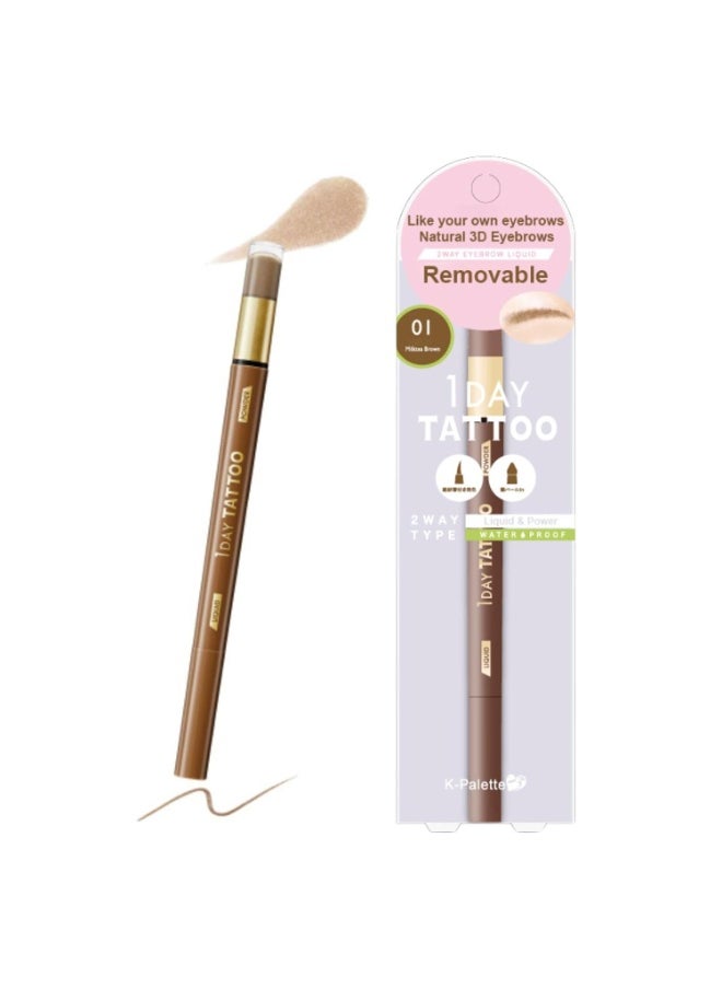 1Day Tattoo Waterproof Eyebrow Pen, Longwear Brow for Sculpting & Shaping, Fills & Contours Brows, Removable, Natural-Looking Eyebrow Makeup, Smudge-Proof Eyebrow Color, 01 Milktea Brown