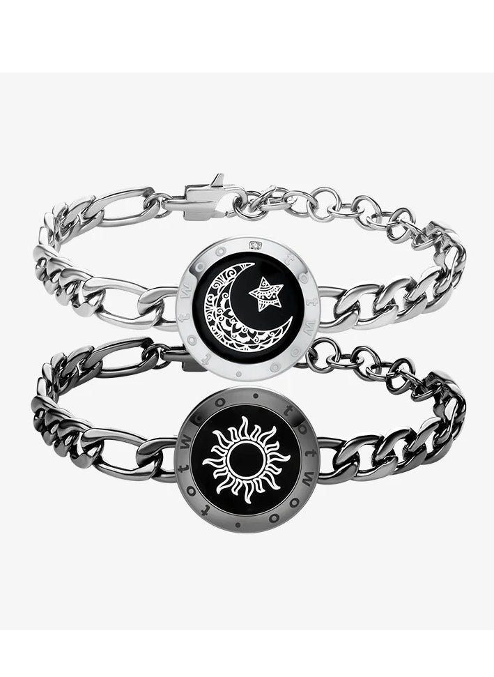Sun&Moon Touch Bracelets with Figaro Chain (Black+Silver)