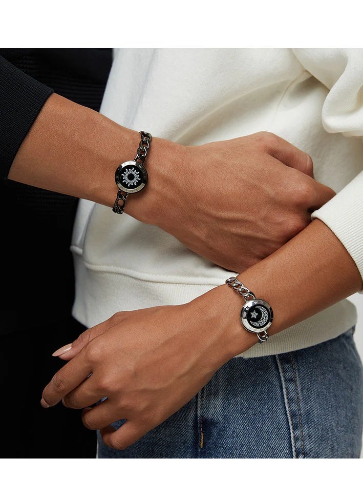 Sun&Moon Touch Bracelets with Figaro Chain (Black+Silver)