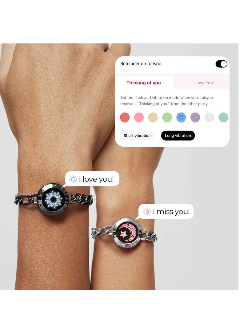 Sun&Moon Touch Bracelets with Figaro Chain (Black+Silver)