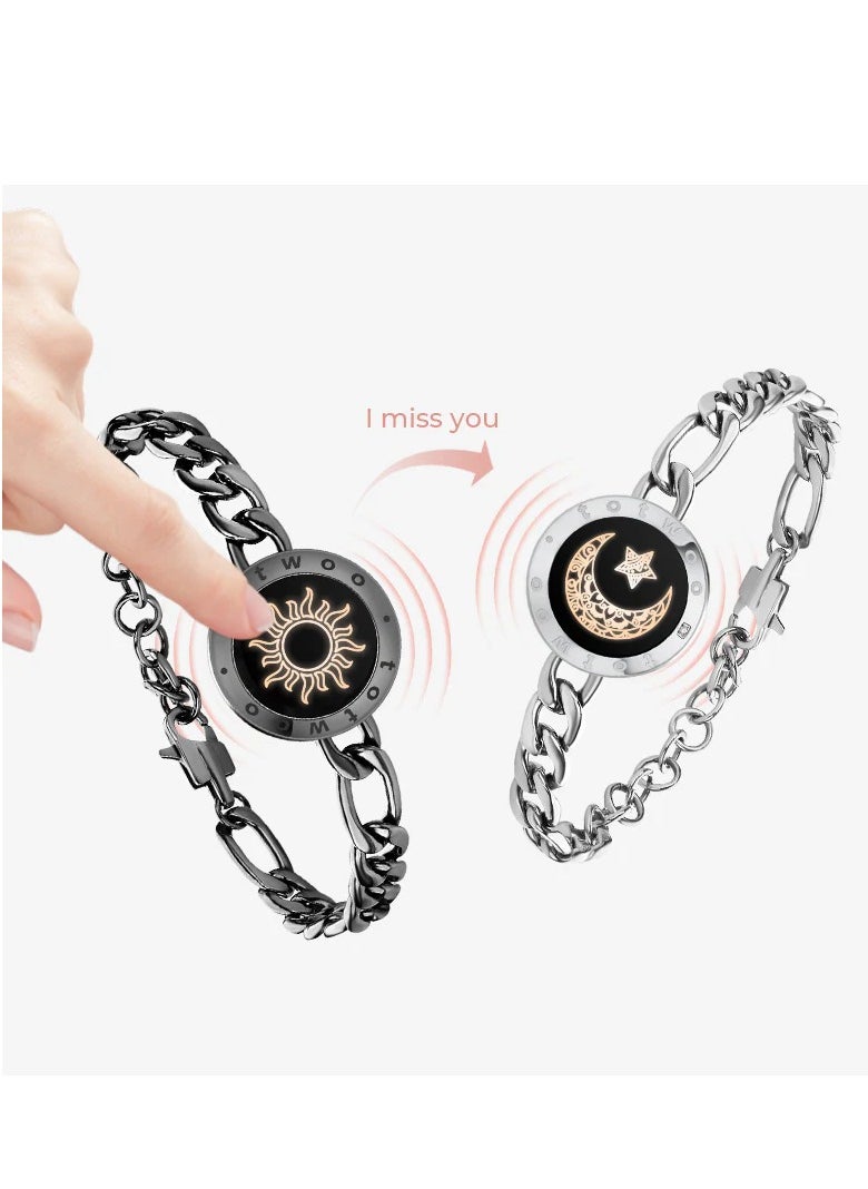 Sun&Moon Touch Bracelets with Figaro Chain (Black+Silver)