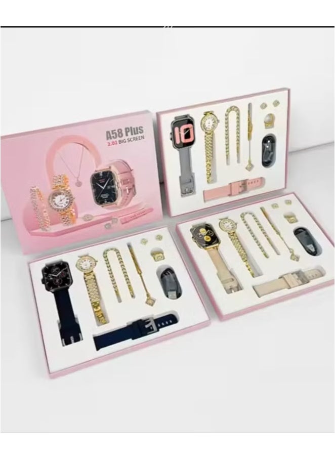 5IN1 Smart Watch A58 Series Supports Bluetooth Call Ultra Long Endurance Sleep Monitoring + Additional Women's Diamond Set Small Gold Watch Necklace Ring Earrings Bracelet Set Gift Box
