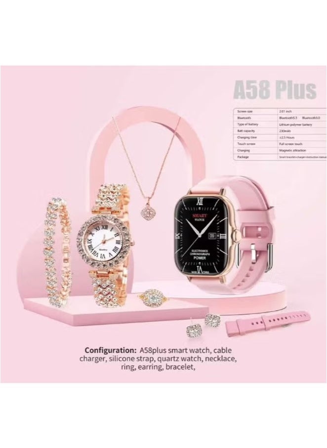 5IN1 Smart Watch A58 Series Supports Bluetooth Call Ultra Long Endurance Sleep Monitoring + Additional Women's Diamond Set Small Gold Watch Necklace Ring Earrings Bracelet Set Gift Box