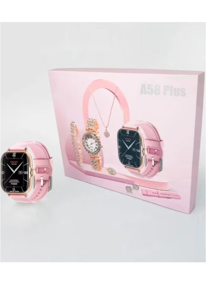5IN1 Smart Watch A58 Series Supports Bluetooth Call Ultra Long Endurance Sleep Monitoring + Additional Women's Diamond Set Small Gold Watch Necklace Ring Earrings Bracelet Set Gift Box