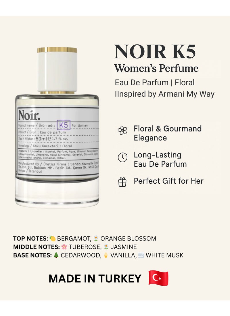 NOIR K5 Women’s Perfume | Long Lasting Floral Eau de Parfum for Women with Bergamot, Orange Blossom & Vanilla | Elegant Daily & Evening Scent | 50ML | Made in Turkey