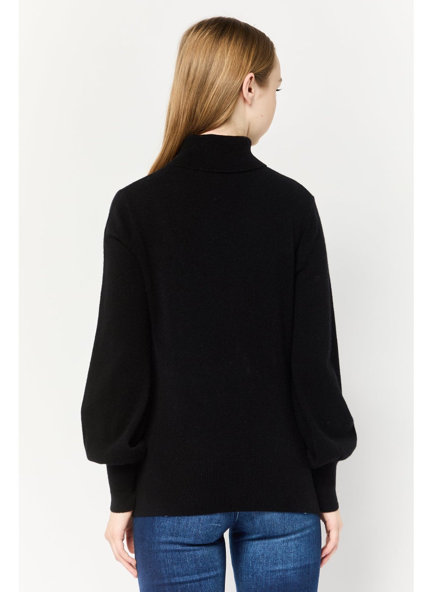 Women High Neck Knitted Sweater, Black