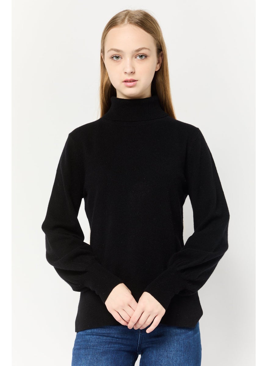 Women High Neck Knitted Sweater, Black