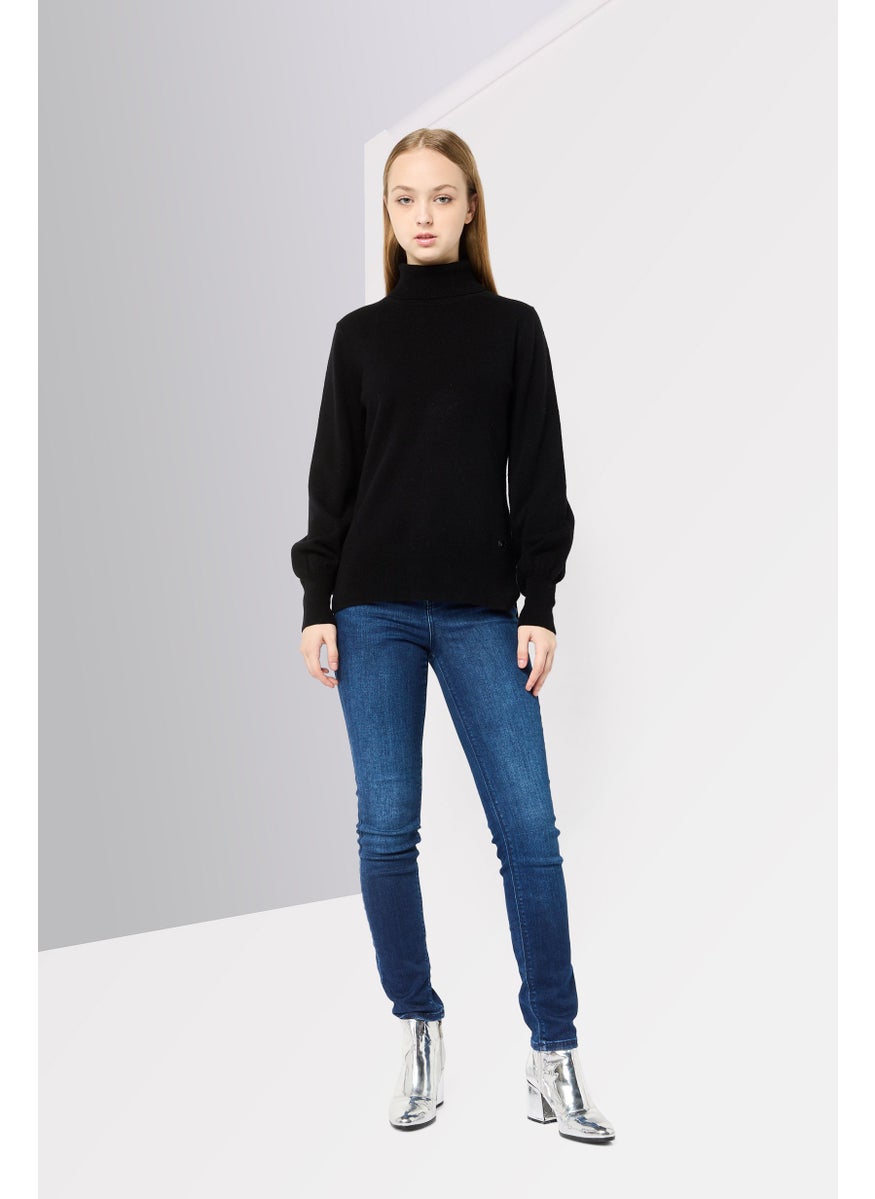 Women High Neck Knitted Sweater, Black