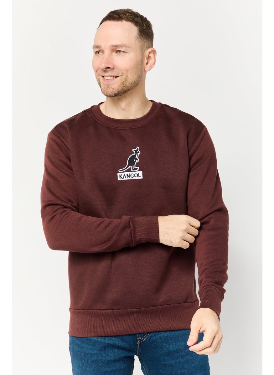 Men Crew Neck Embroidered Logo Long Sleeves Sweatshirt, Dark Brown