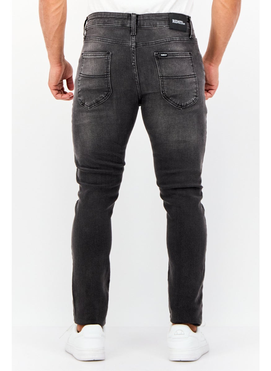 Men Skinny Fit Plain Stretchable Washed Jeans, Dark Grey