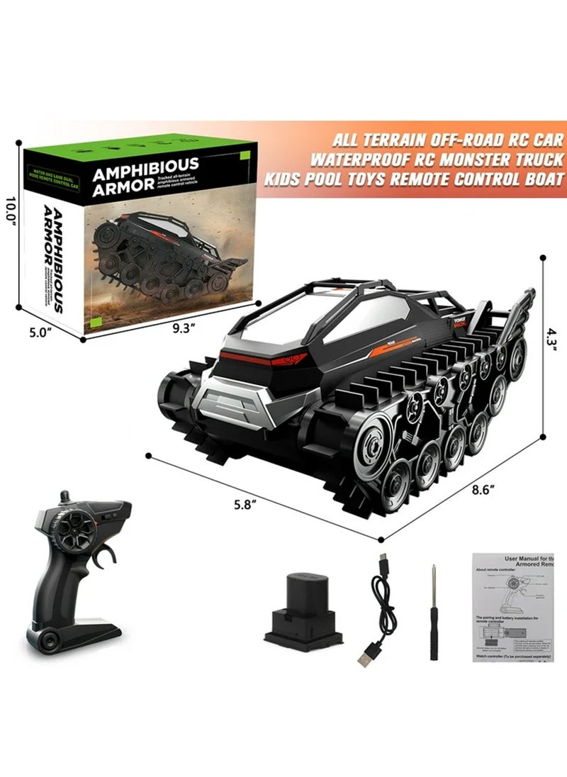 Amphibious Remote Control Car, Waterproof 4WD RC Monster Truck 2.4Ghz All-Terrain Off-Road Boat Car, 360° Rotating Tank Crawler Toys for Kids Boys Girls Age 6 7 8 9 10 11 12 Birthday Gifts, Black