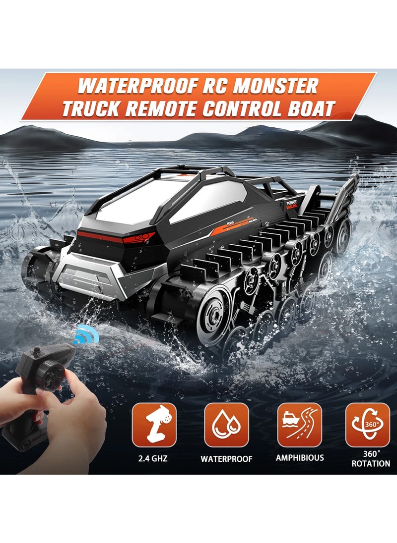 Amphibious Remote Control Car, Waterproof 4WD RC Monster Truck 2.4Ghz All-Terrain Off-Road Boat Car, 360° Rotating Tank Crawler Toys for Kids Boys Girls Age 6 7 8 9 10 11 12 Birthday Gifts, Black