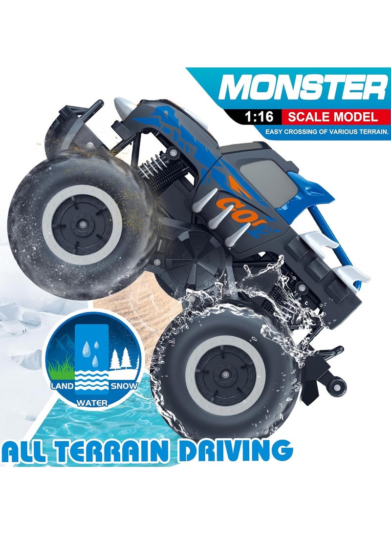1:16 Waterproof RC Monster Truck Pickup Car – 4WD Amphibious Remote Control Off-Road Car Toys, High Speed, Shockproof, Rechargeable, All-Terrain Vehicle Gift for Kids Age 6-12 Boys & Girls - Blue