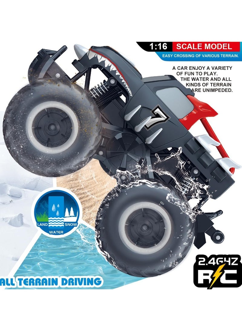 1:16 Waterproof RC Monster Truck Pickup Car – 4WD Amphibious Remote Control Off-Road Car Toys, High Speed, Shockproof, Rechargeable, All-Terrain Vehicle Gift for Kids Age 6-12 Boys & Girls - Black