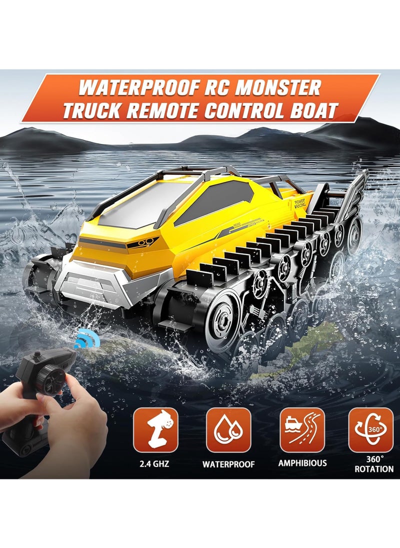 Amphibious Remote Control Car, Waterproof 4WD RC Monster Truck 2.4Ghz All-Terrain Off-Road Boat Car, 360° Rotating Tank Crawler Toys for Kids Boys Girls Age 6 7 8 9 10 11 12 Birthday Gifts, Yellow