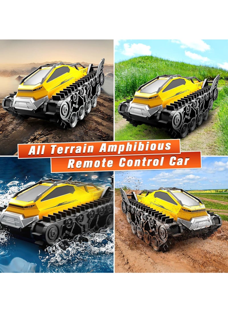 Amphibious Remote Control Car, Waterproof 4WD RC Monster Truck 2.4Ghz All-Terrain Off-Road Boat Car, 360° Rotating Tank Crawler Toys for Kids Boys Girls Age 6 7 8 9 10 11 12 Birthday Gifts, Yellow
