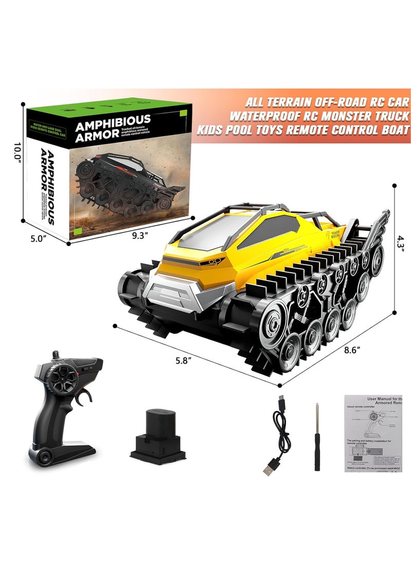 Amphibious Remote Control Car, Waterproof 4WD RC Monster Truck 2.4Ghz All-Terrain Off-Road Boat Car, 360° Rotating Tank Crawler Toys for Kids Boys Girls Age 6 7 8 9 10 11 12 Birthday Gifts, Yellow