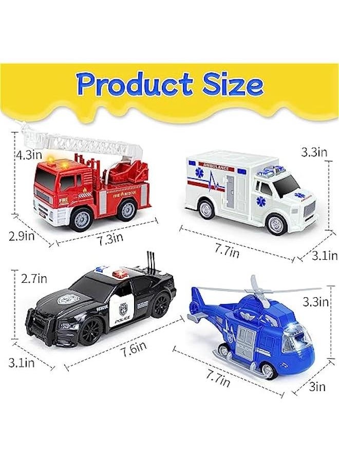 4 Pack Emergency Vehicles Toy Set, 1:20 Scale Big Fire Truck, Ambulance, Helicopter, Police Car Toy for 2 3 4 5 6 Year Boys Toddlers Gift, Friction Powered Vehicles with Lights  Sounds, A