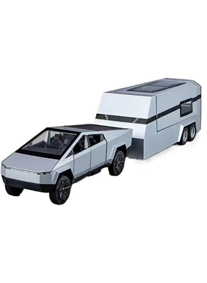 1:32 Sound And Light Tesla Pickup Truck Trailer Alloy Car Model Die-cast Metal Off-road Vehicle Truck Model