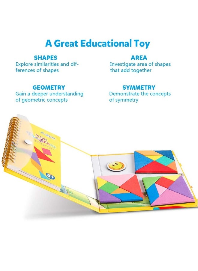 Travel Tangram Puzzle with 3 Set of Magnetic Tangram Road Trip Tangoes Jigsaw Shapes Dissection Games with Solution IQ Book Educational Toy Brain Teaser Gift for Kid Adult Challenge