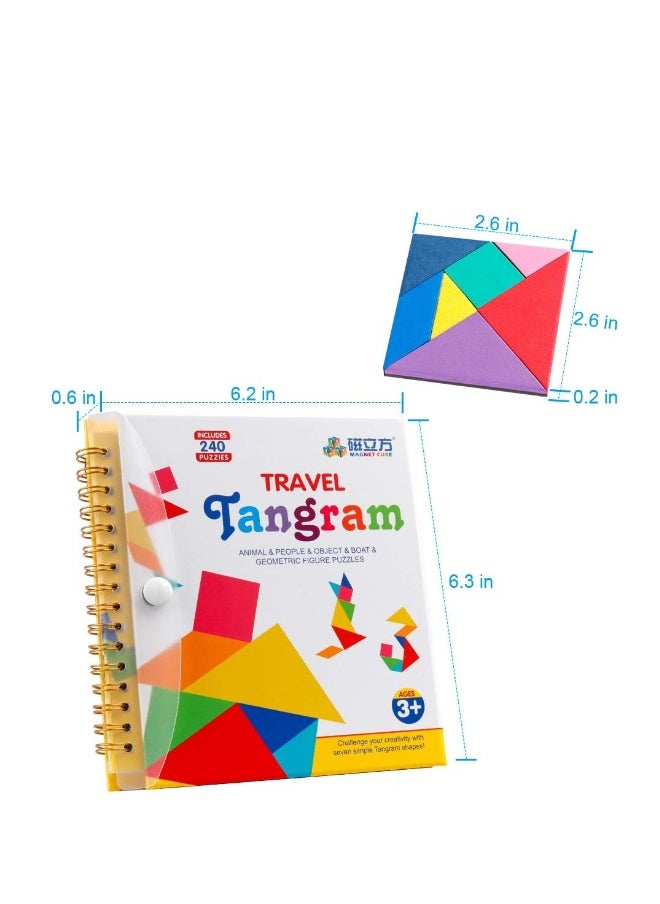 Travel Tangram Puzzle with 3 Set of Magnetic Tangram Road Trip Tangoes Jigsaw Shapes Dissection Games with Solution IQ Book Educational Toy Brain Teaser Gift for Kid Adult Challenge