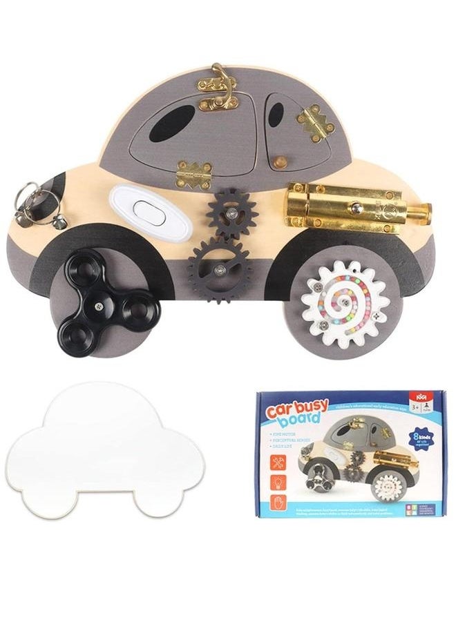Wooden Busy Board for Toddler, Montessori Activity Playboards with Lock Latches Gear, Children's Early Education Puzzle Unlocking Car, Educational Toys Kids Boys Girls