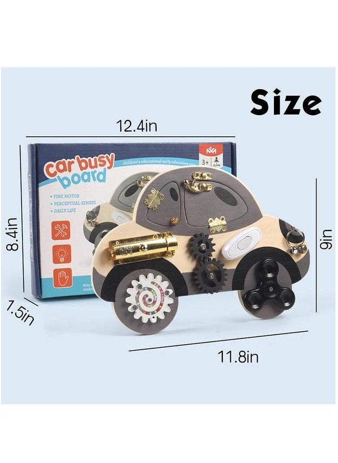 Wooden Busy Board for Toddler, Montessori Activity Playboards with Lock Latches Gear, Children's Early Education Puzzle Unlocking Car, Educational Toys Kids Boys Girls