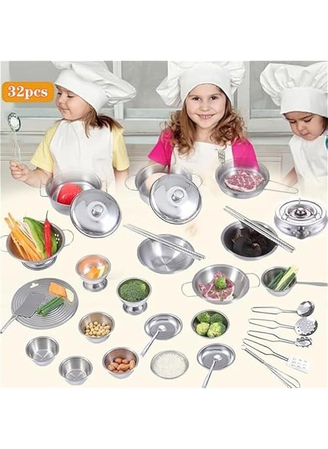 Tiny Classic Stainless Steel Kitchen Toys Cooking Utensils Set-Pretend Play Pots Pans Toy Cookware Kits for Kids Cooking Utensil Set Interactive Learning Role Play Educational Toys for Kids Mini Siz