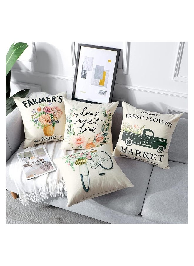 Set of 4 Waterproof Decorative Throw Pillow Covers for Outdoor and Indoor Use, Ideal for Patio, Garden, Living Room, and Sofa Decor (18x18 Inches) - Tulip Farm Cycling Flowers Design