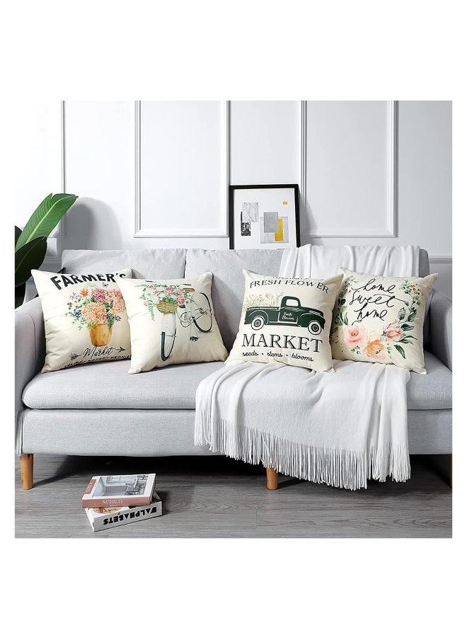 Set of 4 Waterproof Decorative Throw Pillow Covers for Outdoor and Indoor Use, Ideal for Patio, Garden, Living Room, and Sofa Decor (18x18 Inches) - Tulip Farm Cycling Flowers Design