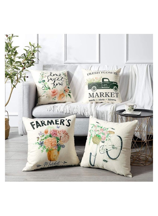 Set of 4 Waterproof Decorative Throw Pillow Covers for Outdoor and Indoor Use, Ideal for Patio, Garden, Living Room, and Sofa Decor (18x18 Inches) - Tulip Farm Cycling Flowers Design