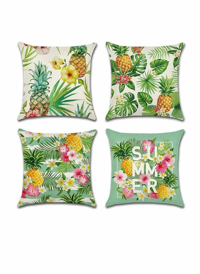 Set of 4 Waterproof Decorative Throw Pillow Covers, Ideal for Outdoor Patio and Living Room, 18x18 Inches, Featuring Tropical Plants and Pineapple Design