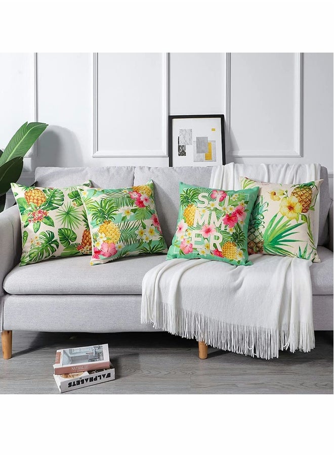 Set of 4 Waterproof Decorative Throw Pillow Covers, Ideal for Outdoor Patio and Living Room, 18x18 Inches, Featuring Tropical Plants and Pineapple Design