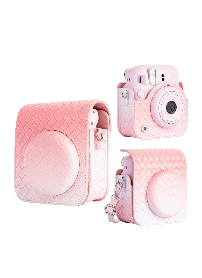 Gradient Weave PU Leather Case for Fujifilm/Polaroid Instax Mini 12 - Stylish Protective Camera Cover with Shoulder Strap - Pink