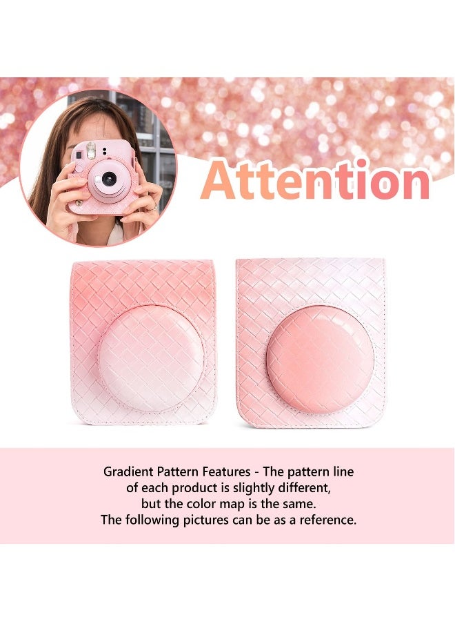 Gradient Weave PU Leather Case for Fujifilm/Polaroid Instax Mini 12 - Stylish Protective Camera Cover with Shoulder Strap - Pink
