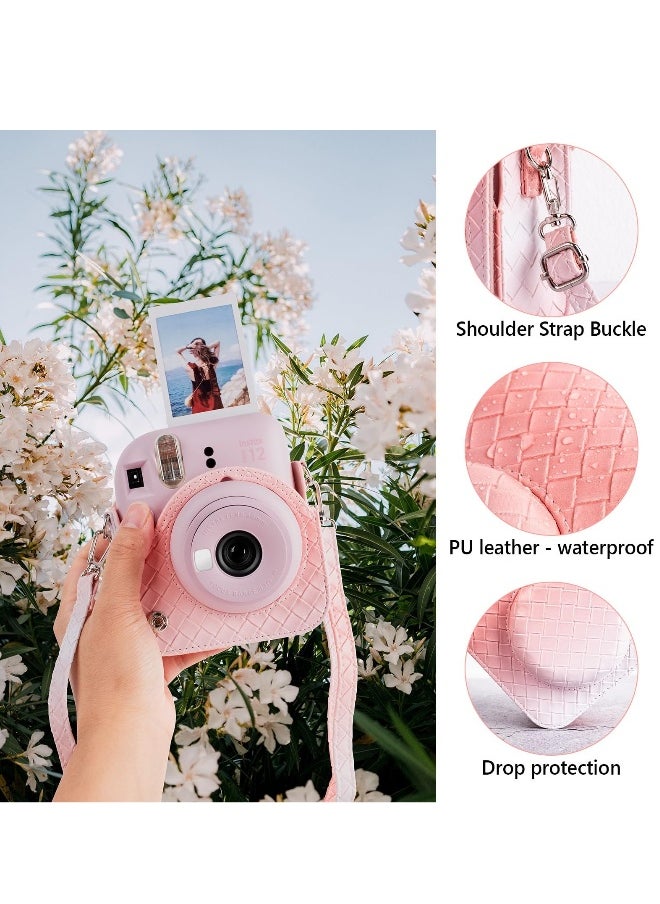 Gradient Weave PU Leather Case for Fujifilm/Polaroid Instax Mini 12 - Stylish Protective Camera Cover with Shoulder Strap - Pink