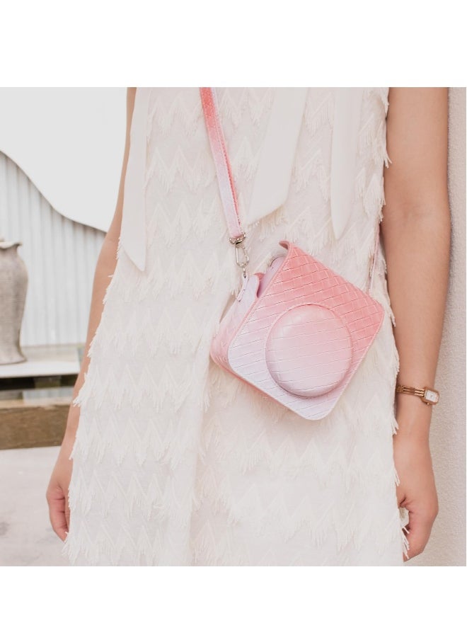 Gradient Weave PU Leather Case for Fujifilm/Polaroid Instax Mini 12 - Stylish Protective Camera Cover with Shoulder Strap - Pink