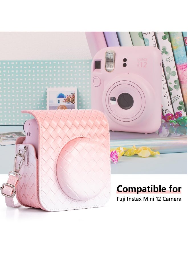 Gradient Weave PU Leather Case for Fujifilm/Polaroid Instax Mini 12 - Stylish Protective Camera Cover with Shoulder Strap - Pink