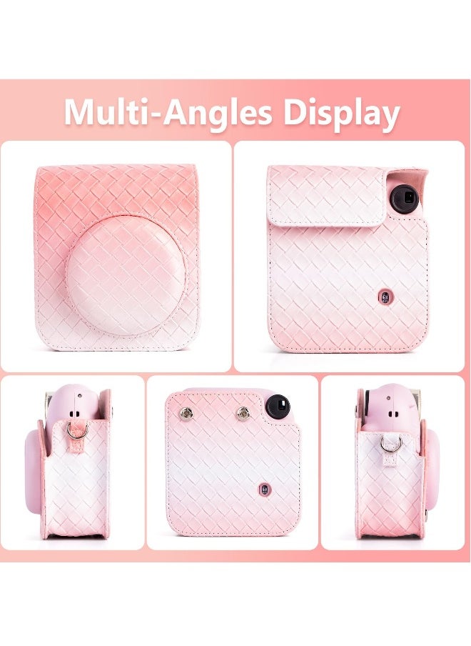 Gradient Weave PU Leather Case for Fujifilm/Polaroid Instax Mini 12 - Stylish Protective Camera Cover with Shoulder Strap - Pink