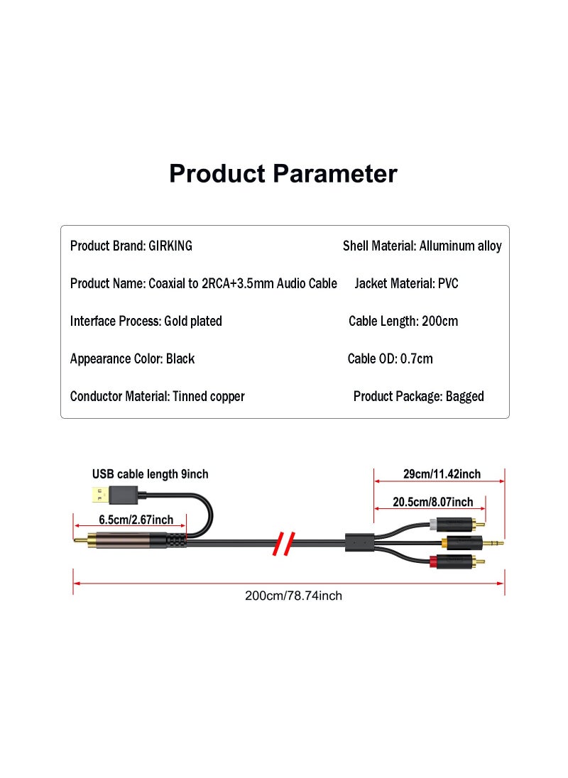 RCA to 3.5mm Audio Cable, Digital to Analog Audio Conversion Cable, Digital SPDIF Coaxial to Analog L/R RCA & 3.5mm AUX Stereo Audio Cable, for PS4 Xbox HDTV DVD Headphone, for Speaker (9.8 Feet)