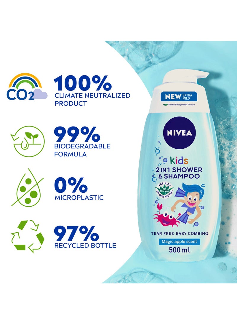 Kids 3 In 1 Shower And Shampoo Bath Bio Aloe Vera Apple Scent 2 x 500ml