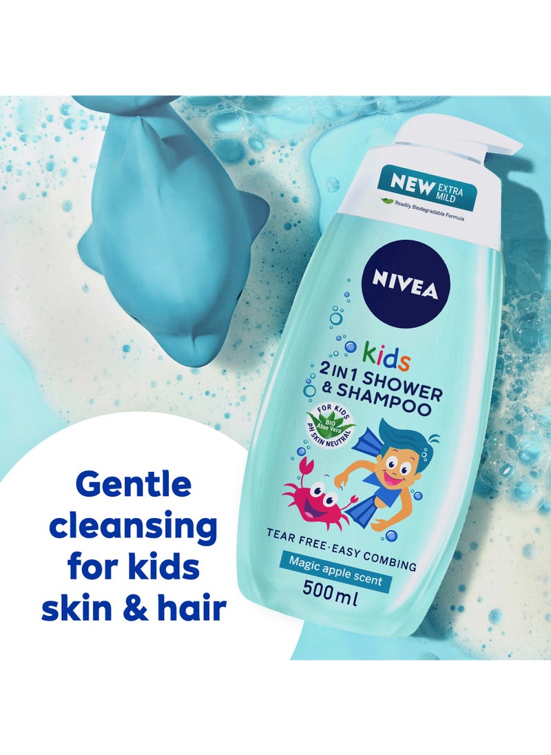 Kids 3 In 1 Shower And Shampoo Bath Bio Aloe Vera Apple Scent 2 x 500ml