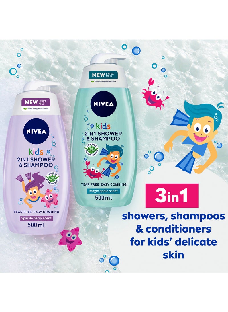 Kids 3 In 1 Shower And Shampoo Bath Bio Aloe Vera Apple Scent 2 x 500ml